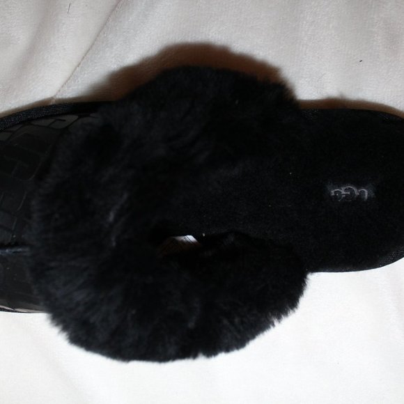 NIB‎ UGG LOGO WOMEN'S SUEDE SHEARLING COZY SLIDE SLIPPERS BLACK - Picture 8 of 11